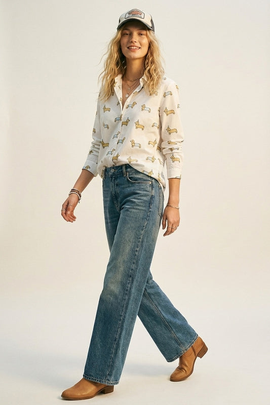 White Button-Up Shirt with Playful Dog Print - Shirts