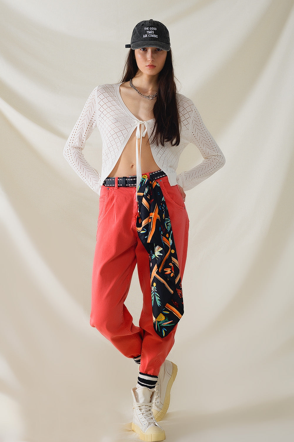 White Cardigan with Argyle Print and Tie Closing - Cardigans