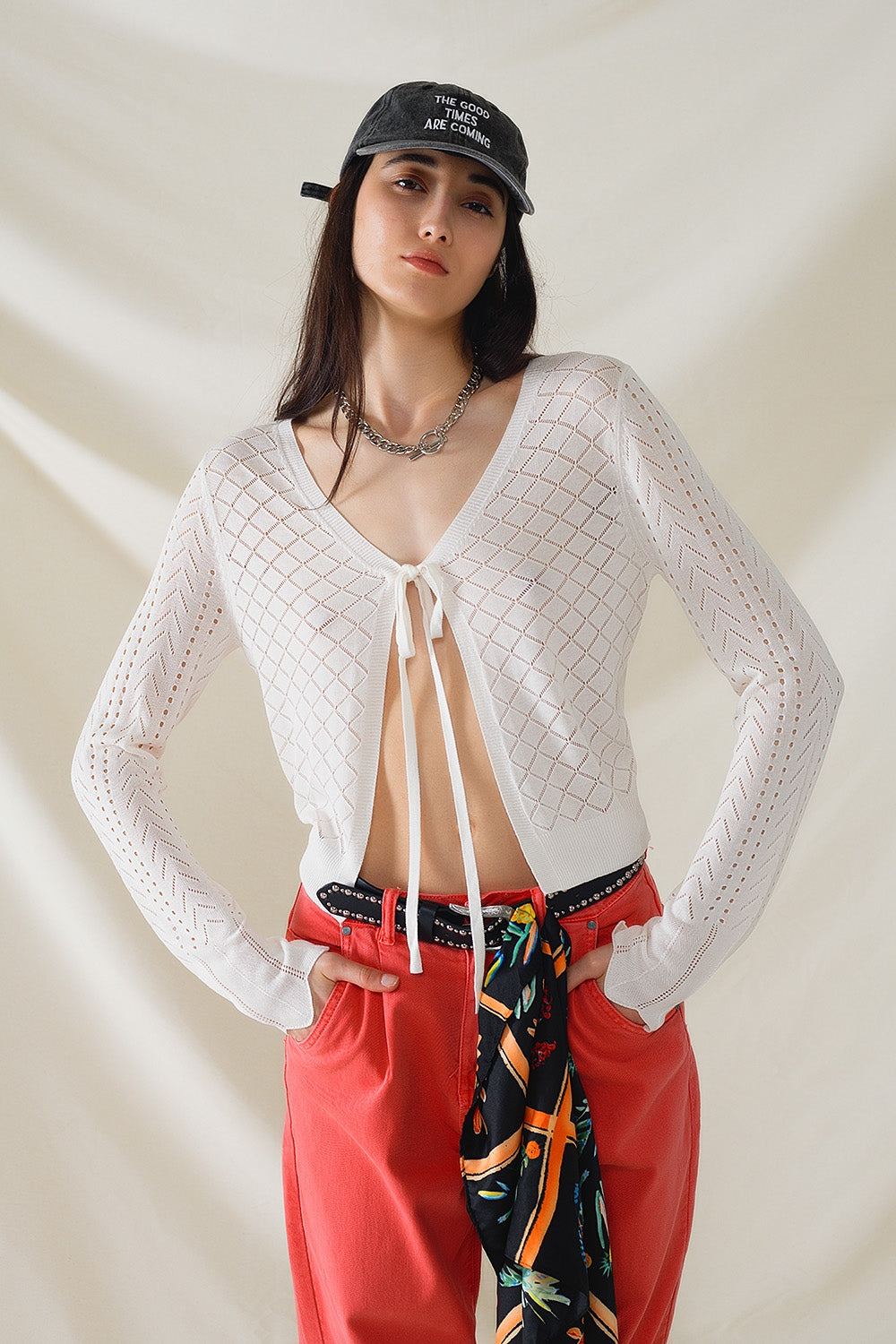 White Cardigan with Argyle Print and Tie Closing - Cardigans