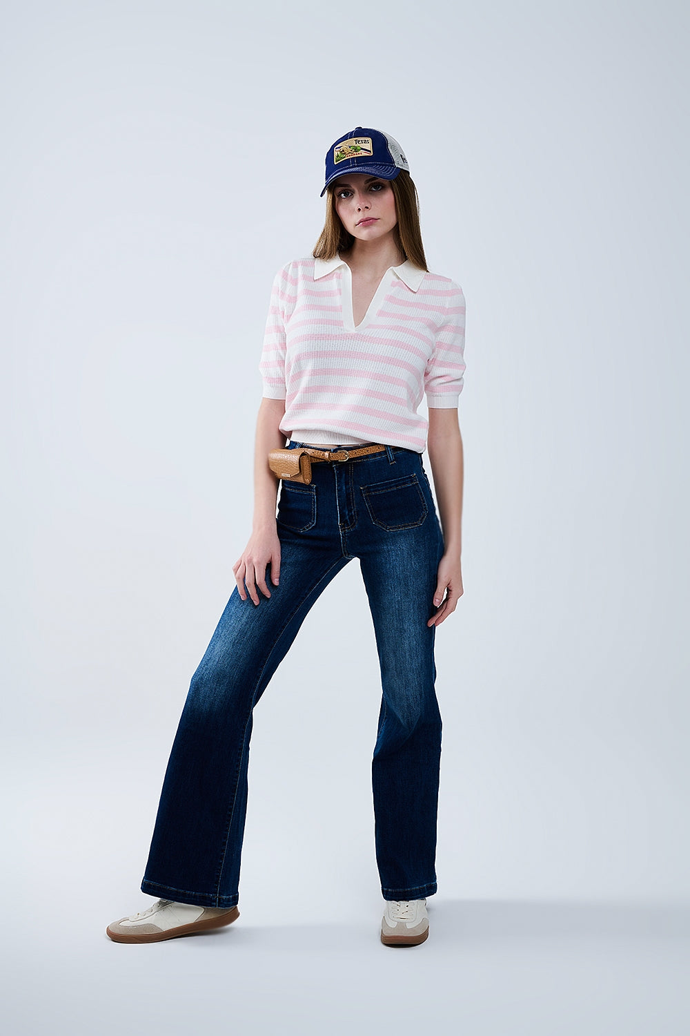White Crop knitted polo Top with Pink Stripes - Polos