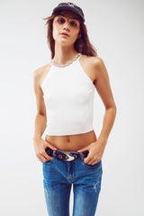Top Halter Branco Com Design De Colar De Strass