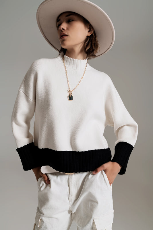 white jumper with black ribbed cuffs and hem - Jumpers