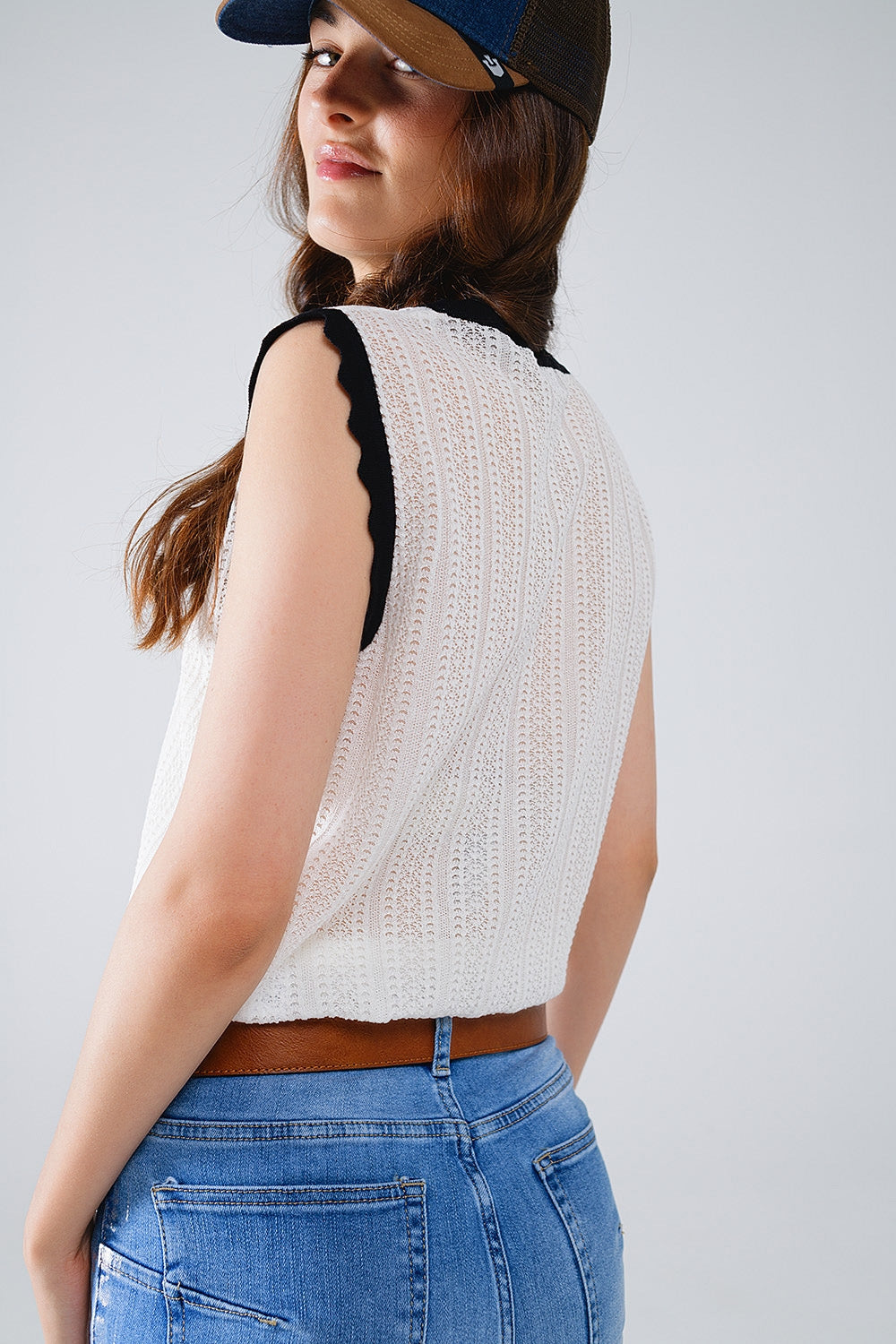 white knitted pointelle top with black wavy trim - Jumpers