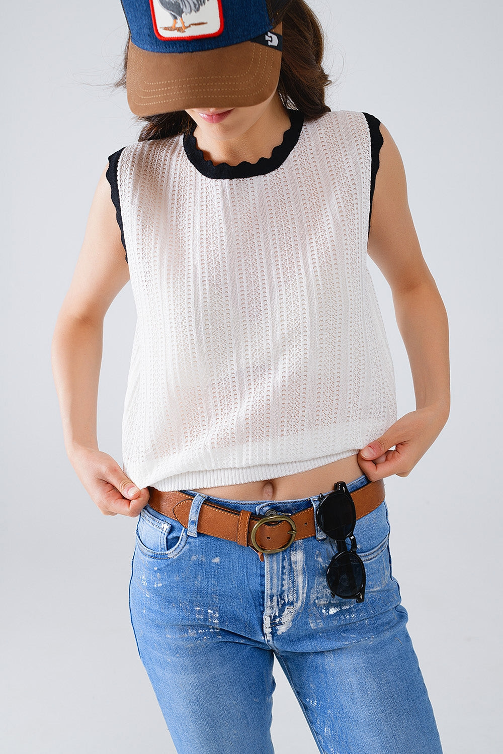 white knitted pointelle top with black wavy trim - Jumpers