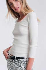 White knitted wide neck sweater
