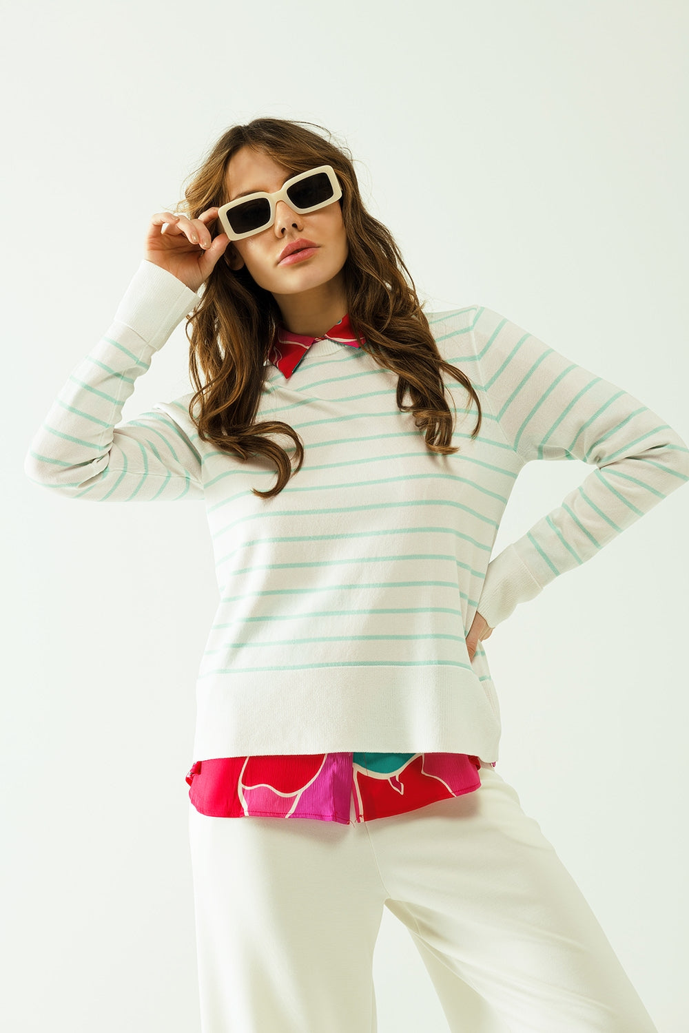White long sleeves sweater with light green stripes - Jumpers