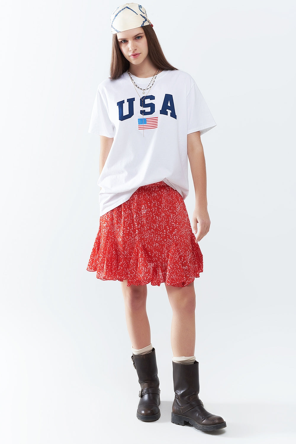 White loose long t-shirt with USA logo - T-Shirts