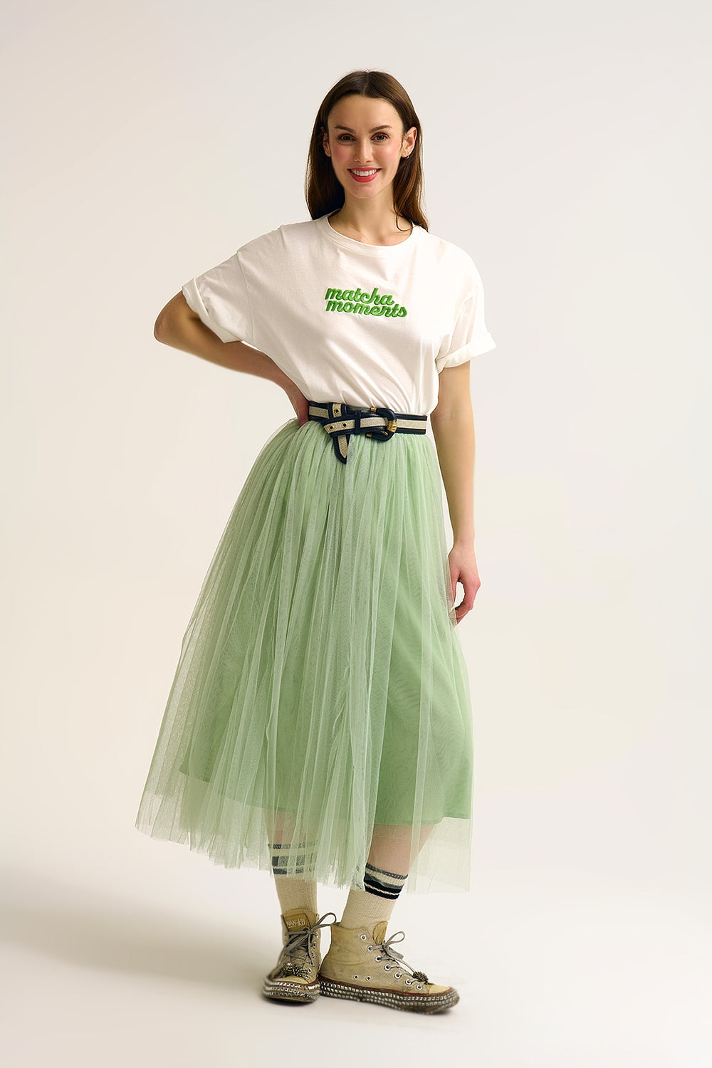 White Matcha Moments Embroidered Tee in Green - Tops