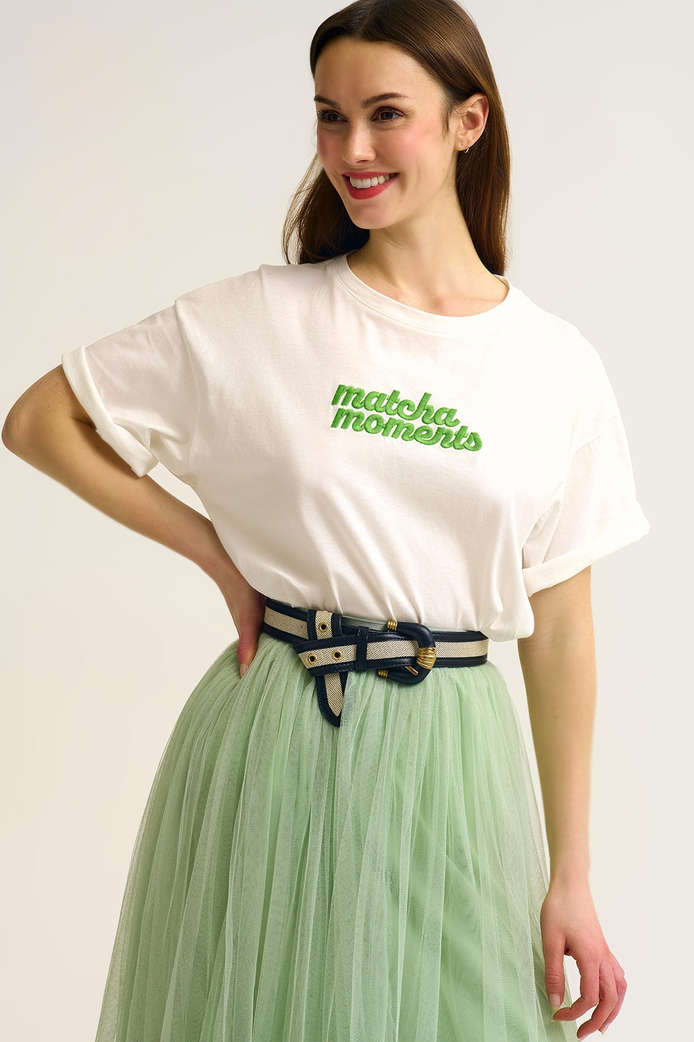 White Matcha Moments Embroidered Tee in Green - Tops