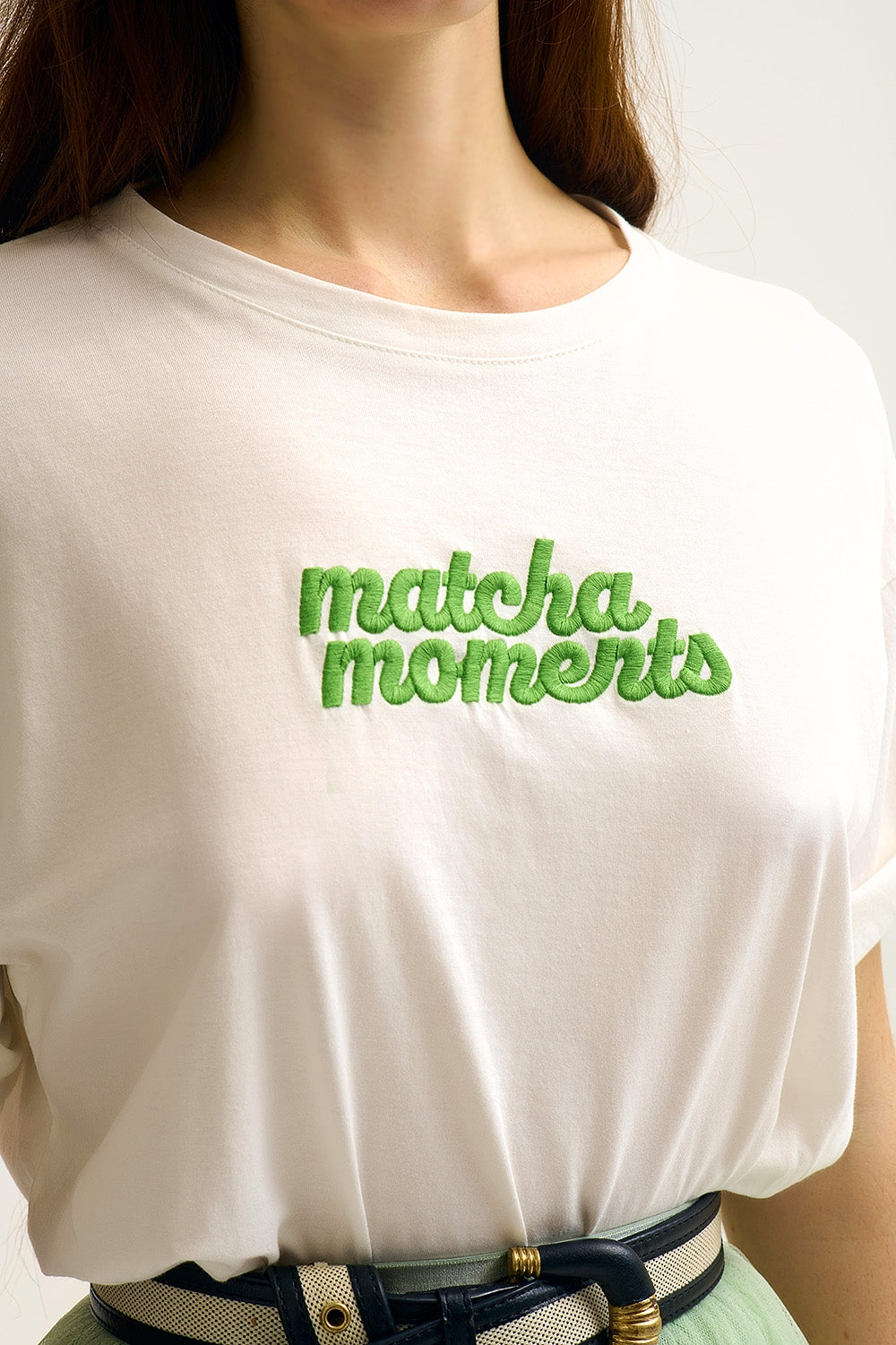 White Matcha Moments Embroidered Tee in Green - Tops