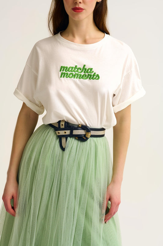 White Matcha Moments Embroidered Tee in Green - Tops