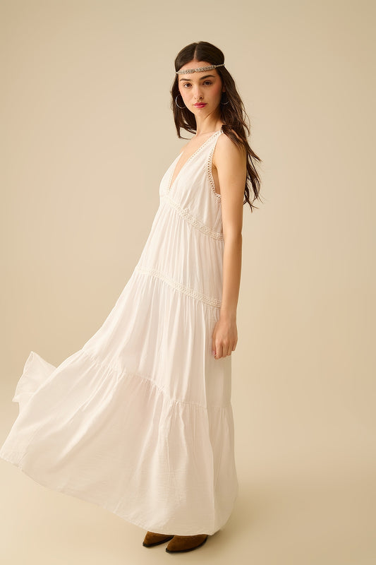 White Maxi Dress With Lace Details and boho style - Dresses