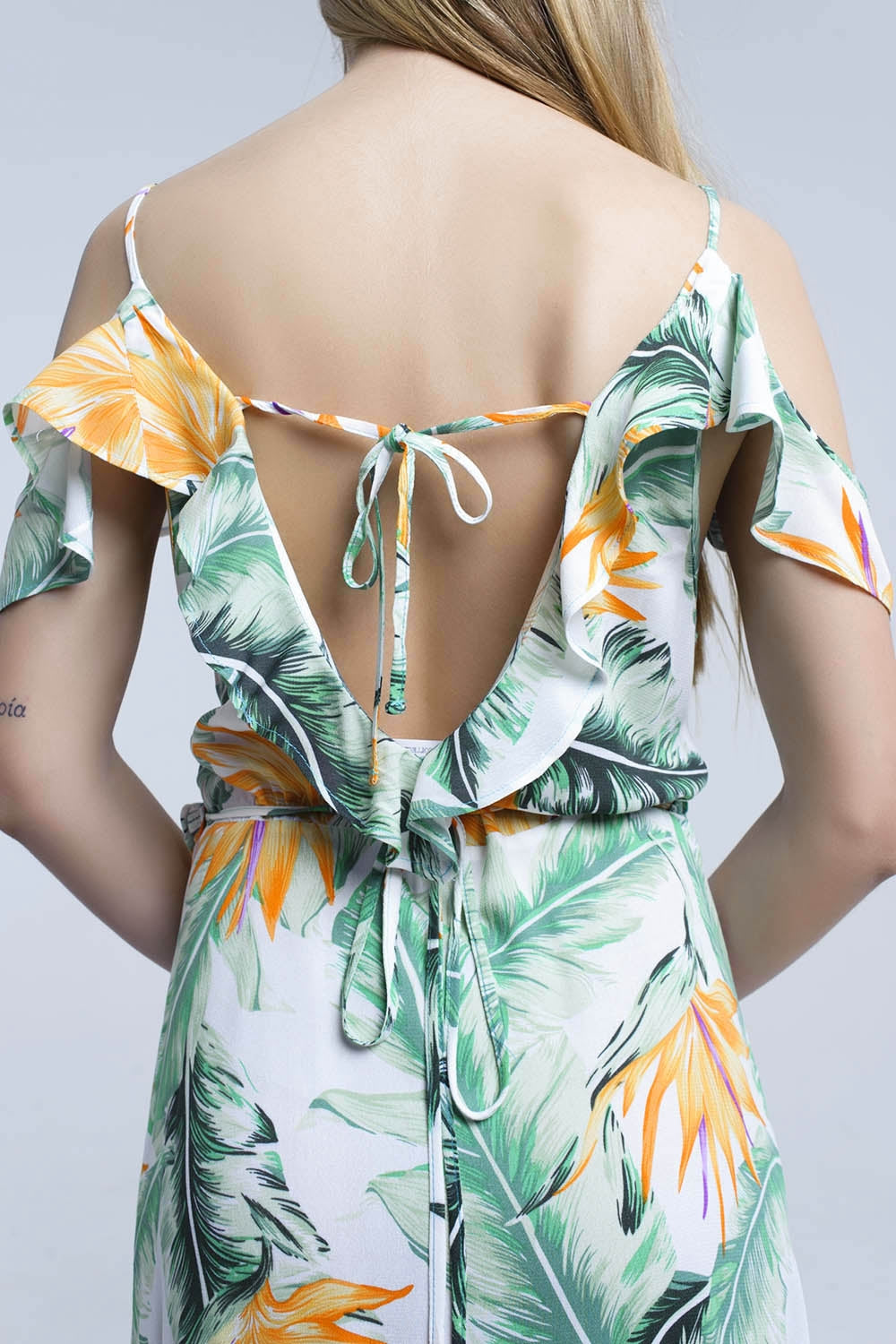 White midi dress in tropical leaves - Dresses