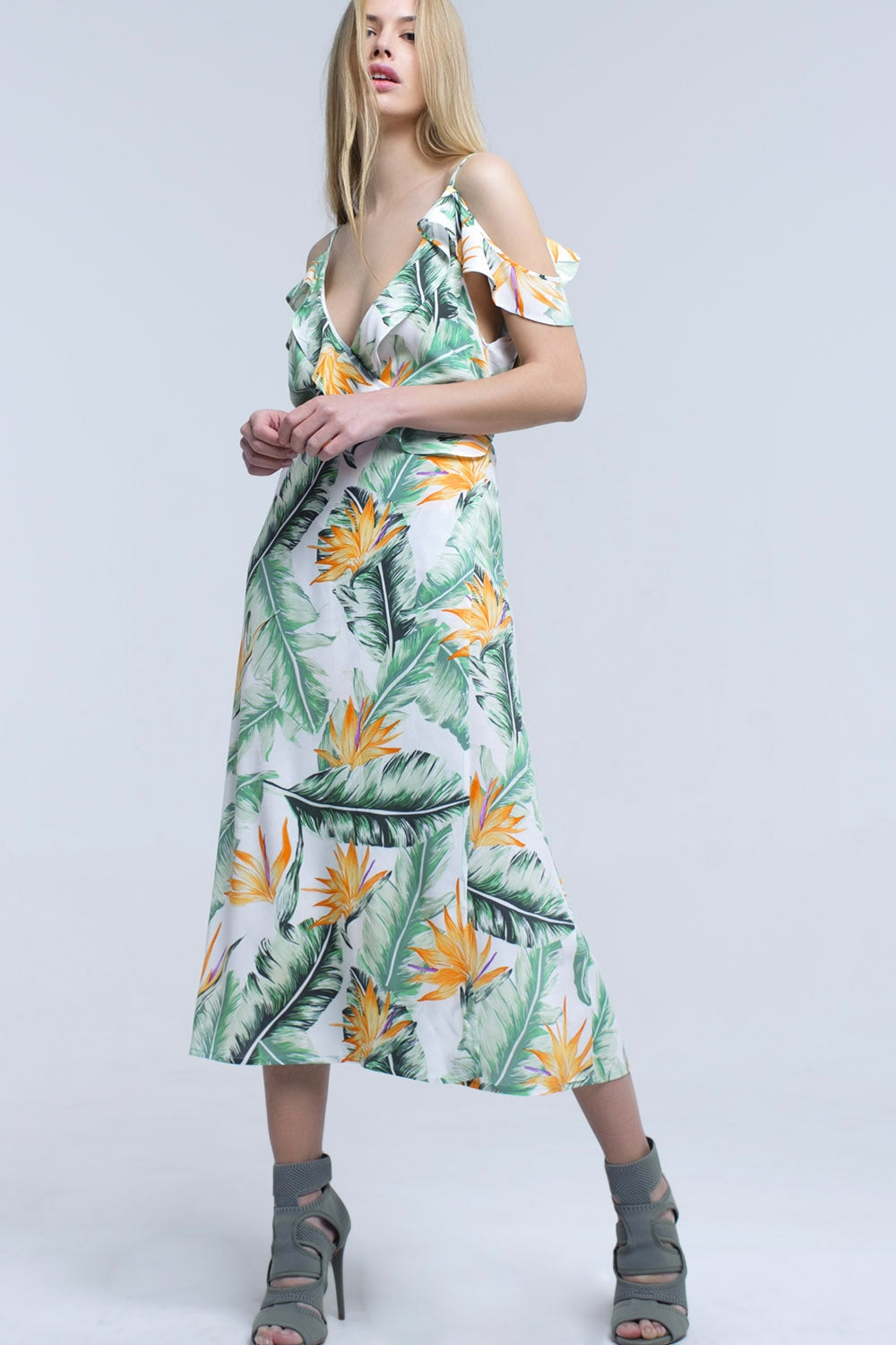 White midi dress in tropical leaves - Dresses