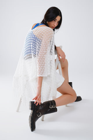 White Open Cardigan With Fringe Ends and 3/4 sleeves