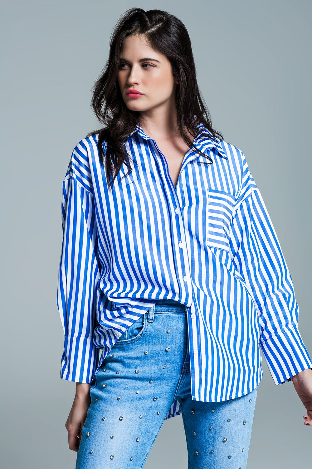 White oversized blouse with vertical stripes in blue and chest pocket - Blouses