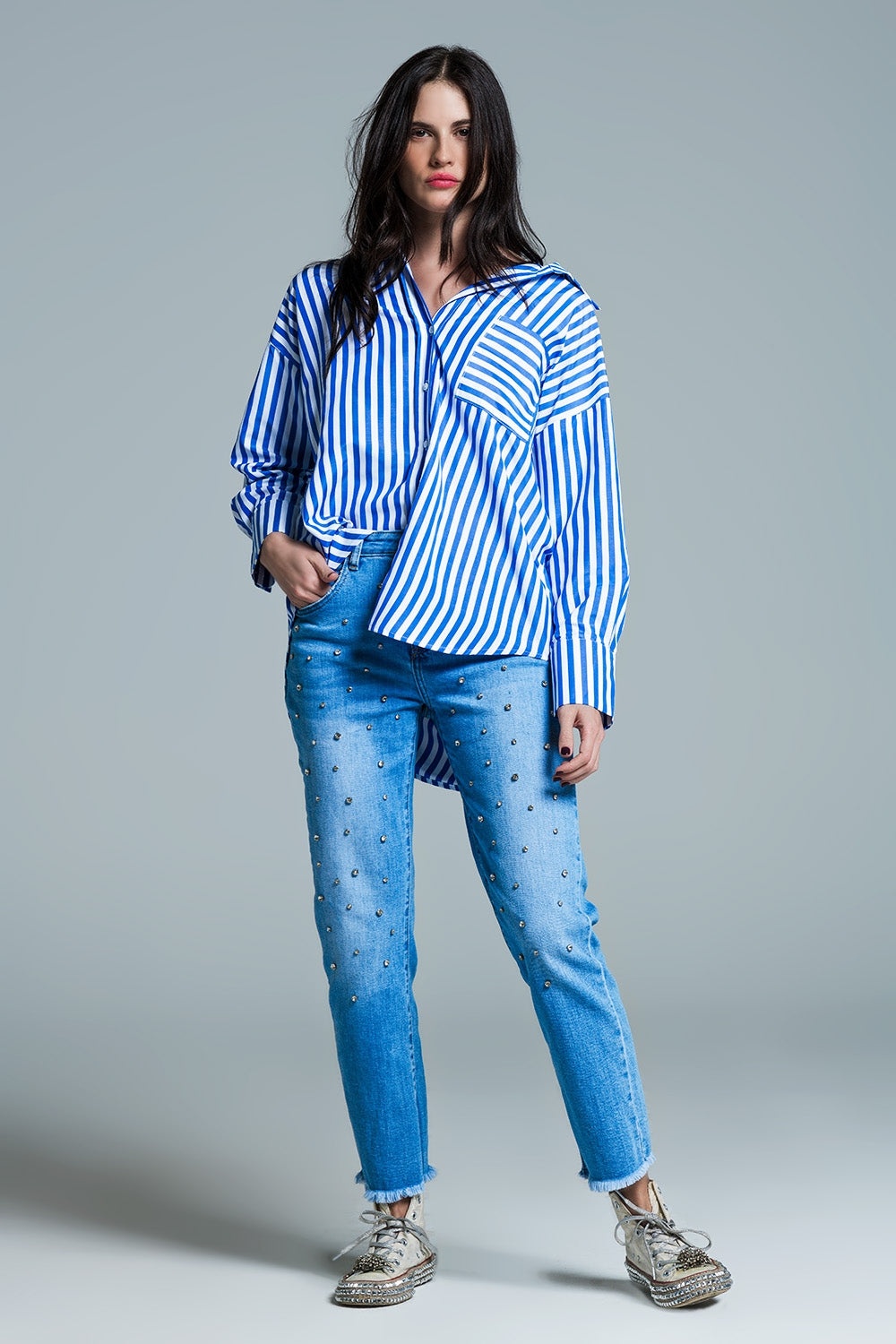 White oversized blouse with vertical stripes in blue and chest pocket - Blouses
