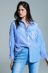 White oversized blouse with vertical stripes in blue and chest pocket