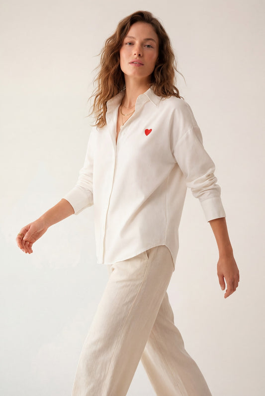 white Oxford Cotton Shirt with Embroidered red Heart Detail - Shirts