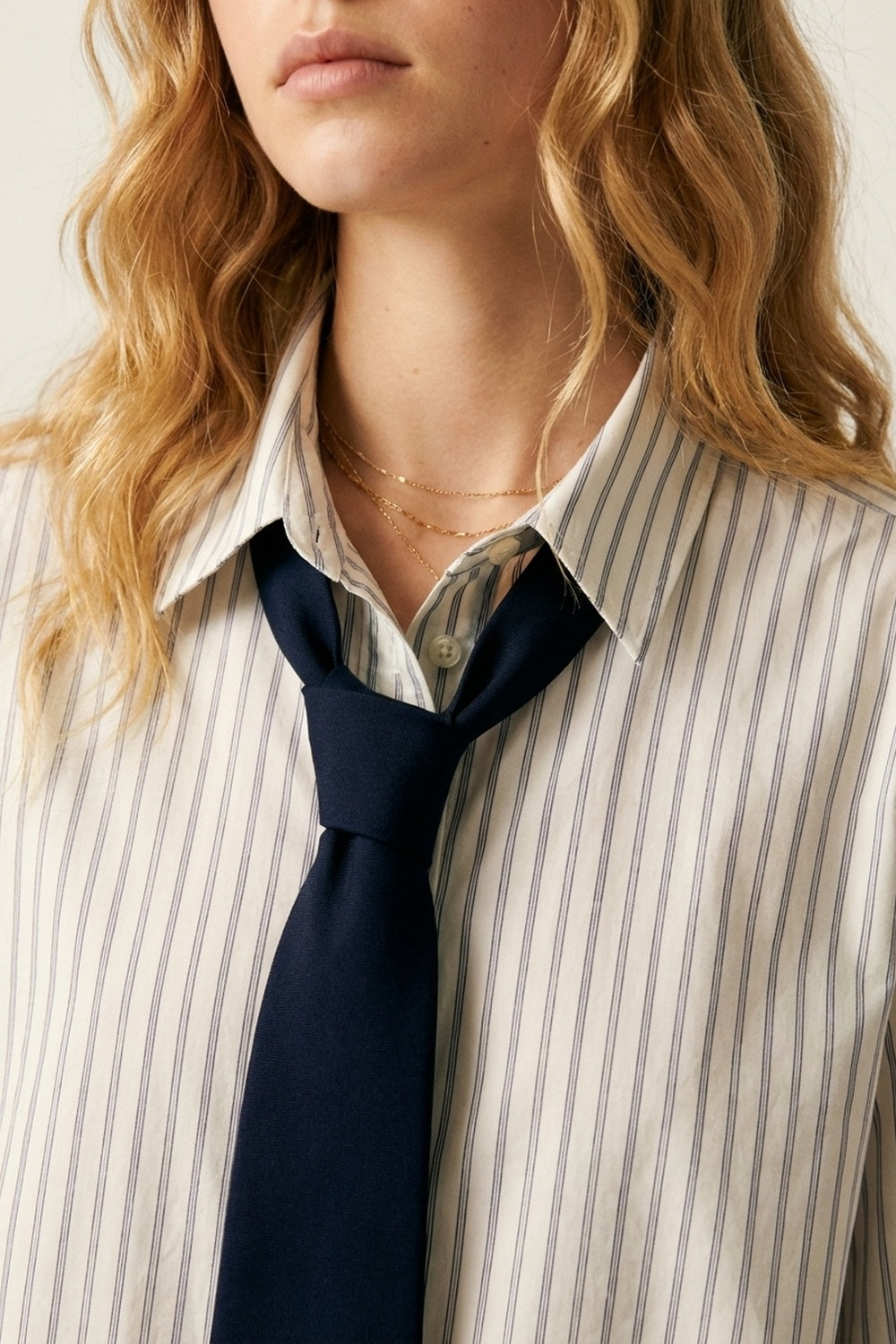 White Pinstripe Button-Down Shirt with Tie Detail - Shirts