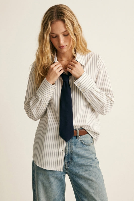 White Pinstripe Button-Down Shirt with Tie Detail - Shirts