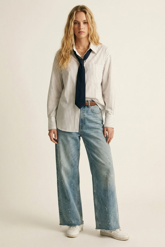 White Pinstripe Button-Down Shirt with Tie Detail - Shirts
