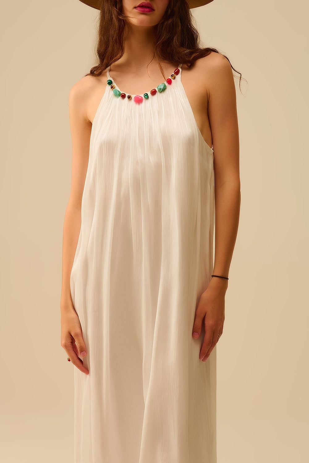 White Pleated Halter long Dress with Beaded Neckline - Dresses