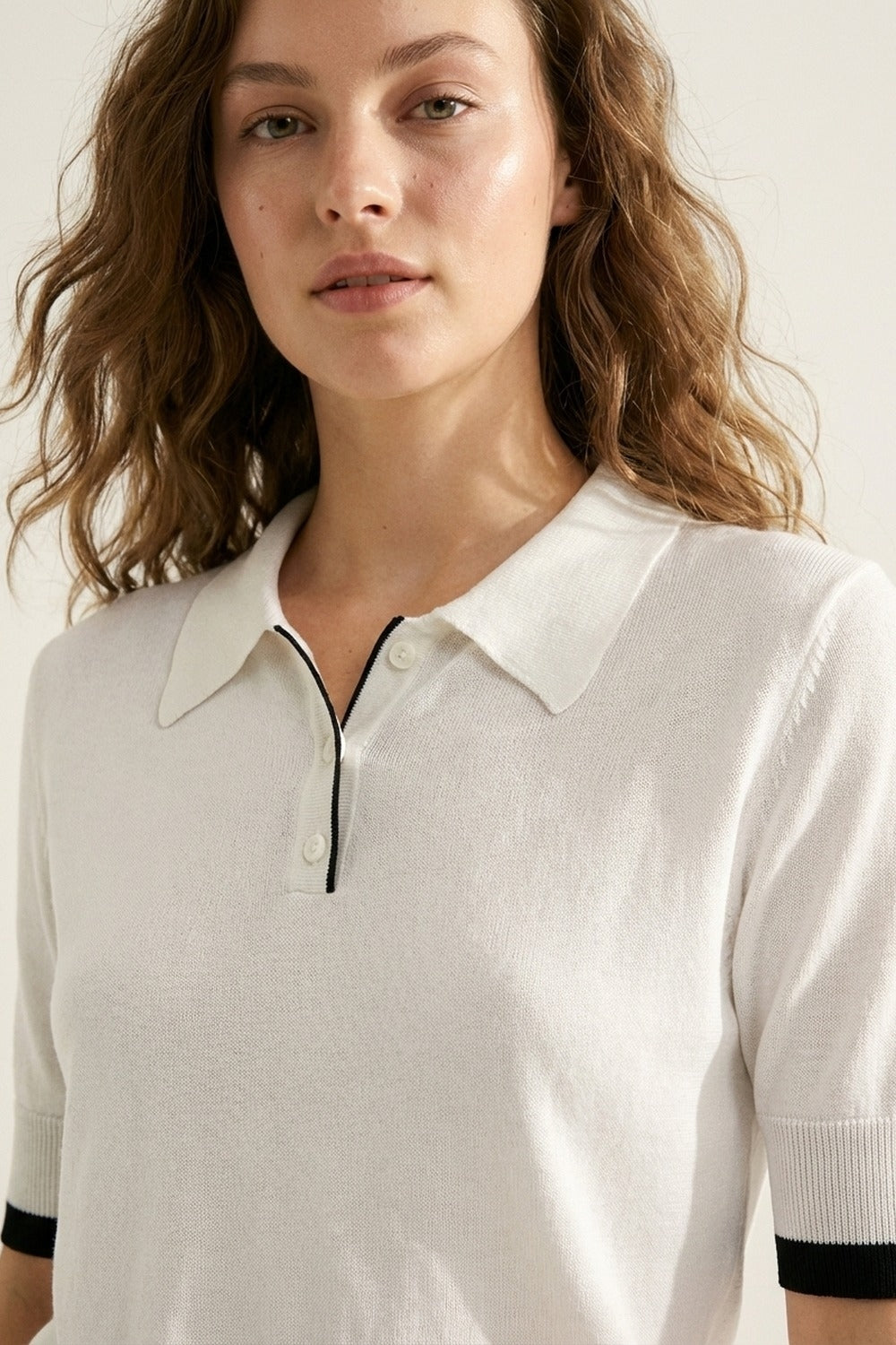 White Polo Sweater with Black Trim Detail -