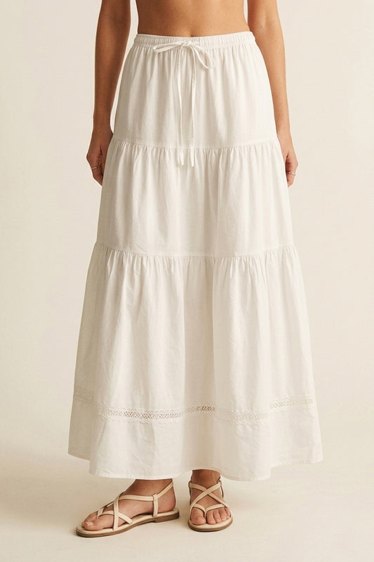 White poplin Maxi Skirt with Lace Detail - Skirts