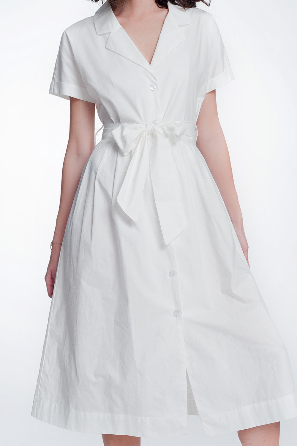 White poplin shirt dress with belt and short sleeve - Dresses