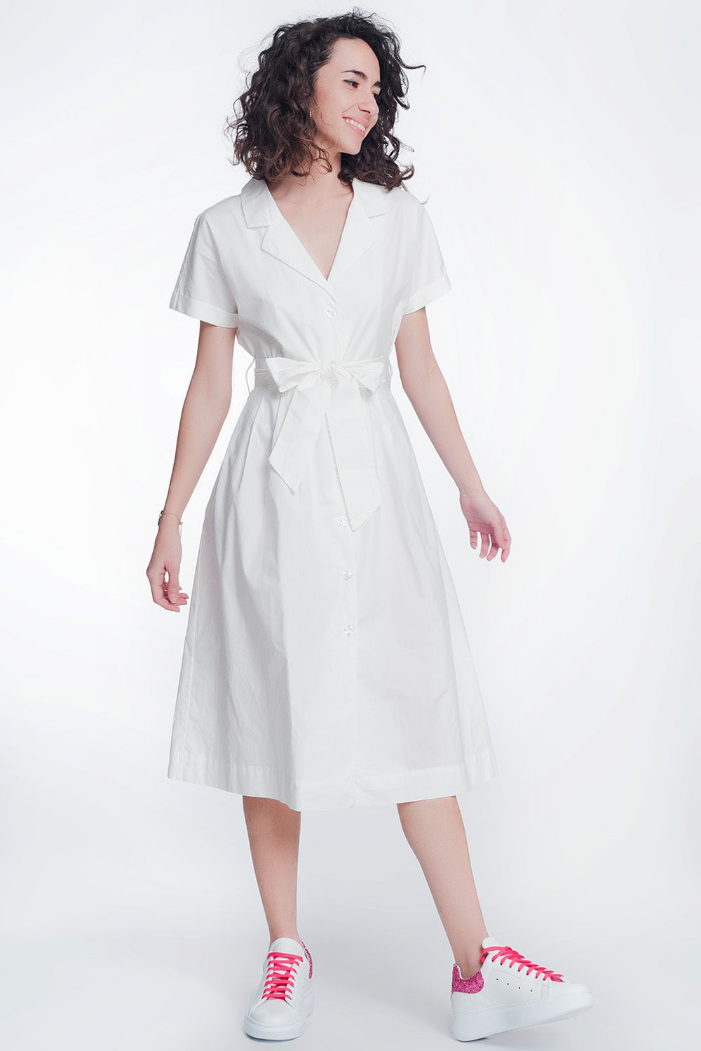 White poplin shirt dress with belt and short sleeve - Dresses