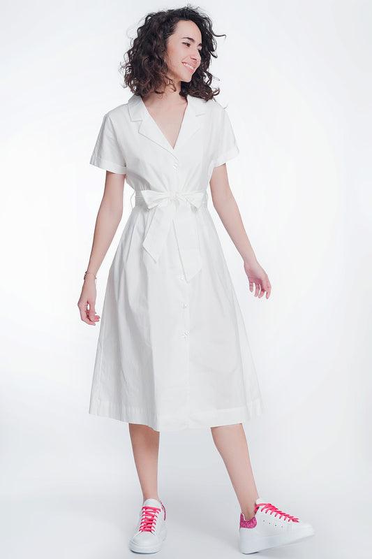 White poplin shirt dress with belt and short sleeve - Dresses