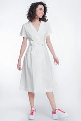 White poplin shirt dress with belt and short sleeve