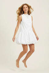 White poplin Sleeveless Dress with Balloon-style Hem