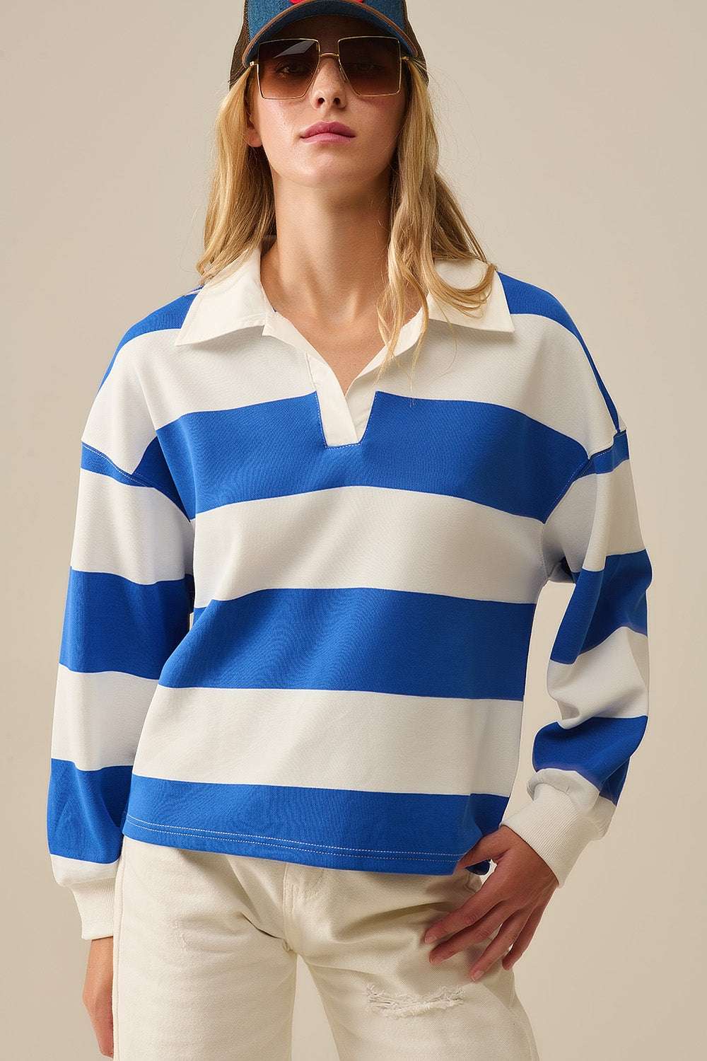 White Relaxed striped polo blouse with Blue Stripes - Polos