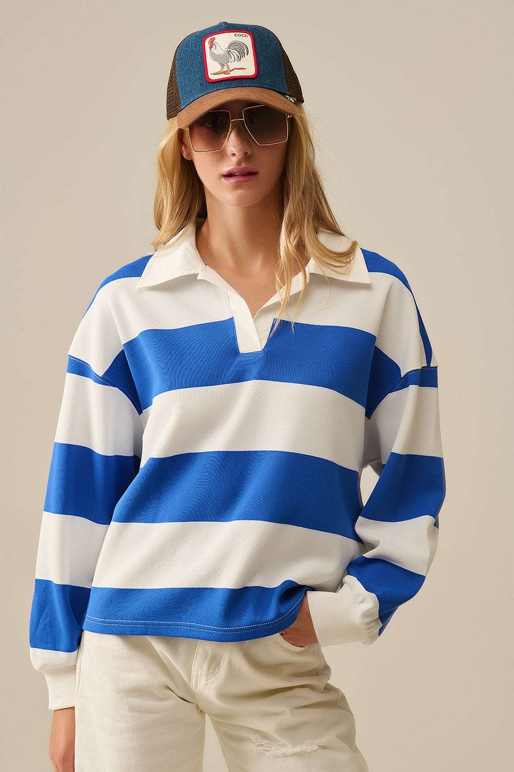 White Relaxed striped polo blouse with Blue Stripes - Polos