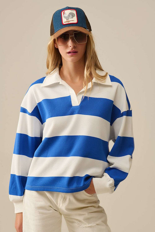 White Relaxed striped polo blouse with Blue Stripes - Polos