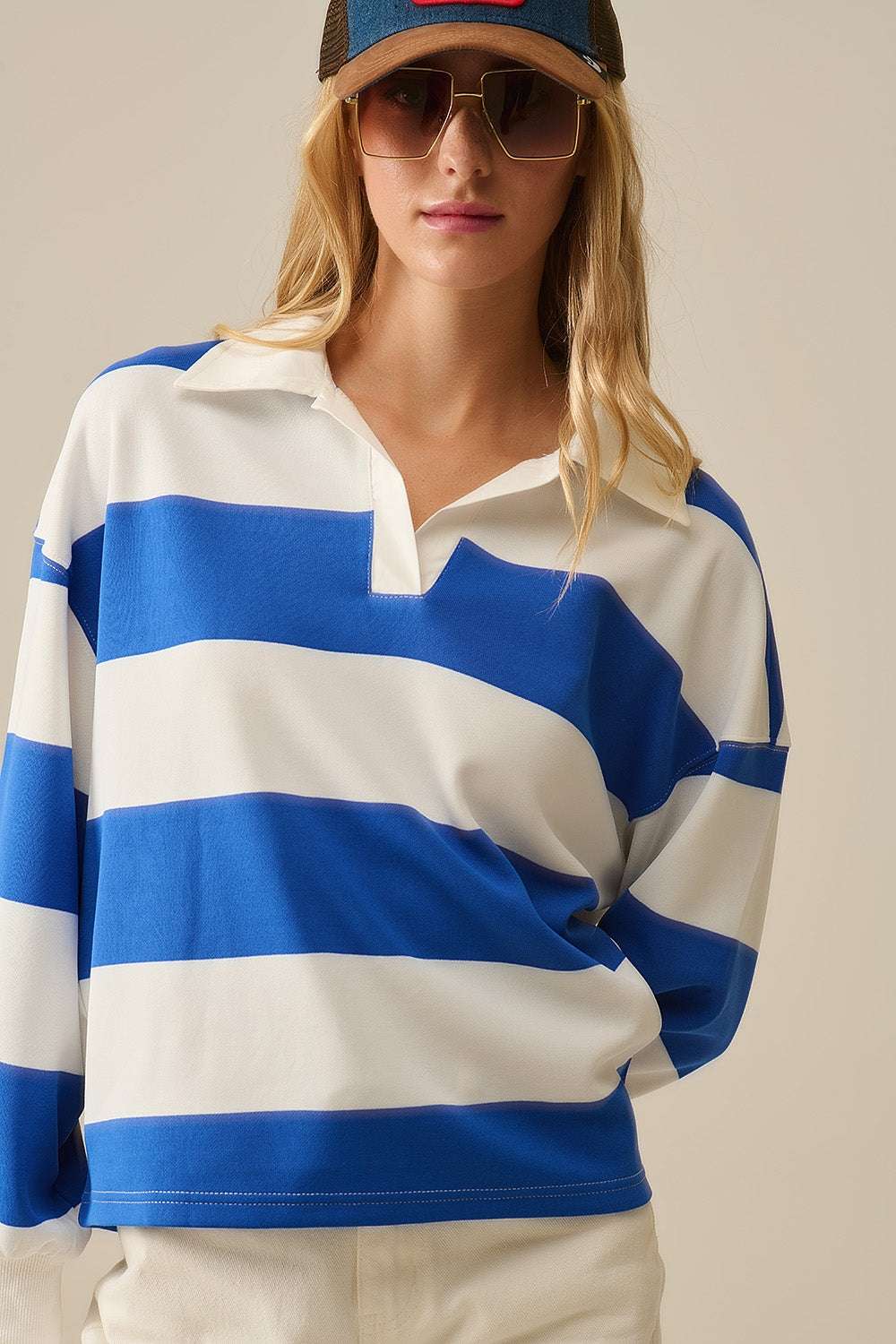 White Relaxed striped polo blouse with Blue Stripes - Polos