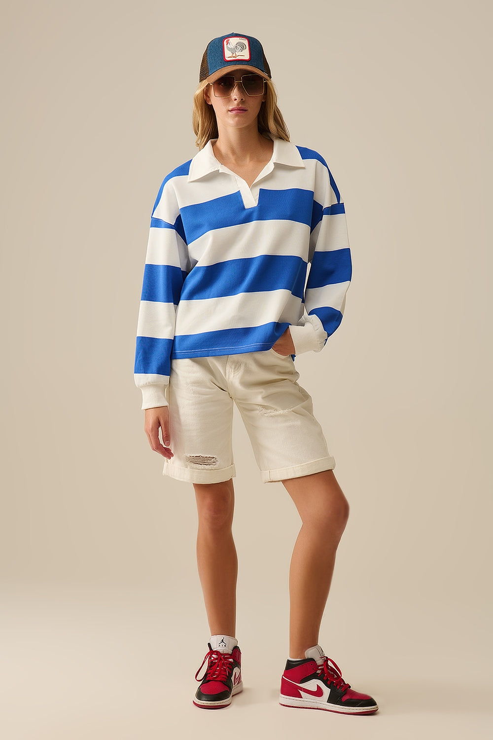 White Relaxed striped polo blouse with Blue Stripes - Polos