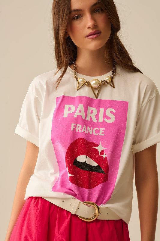 White Relaxed T-shirt With Lip Print made in Italy - T-Shirts