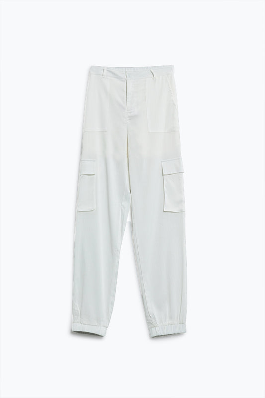 White satin Pants With Side Pockets And Belt Hoops - Trousers