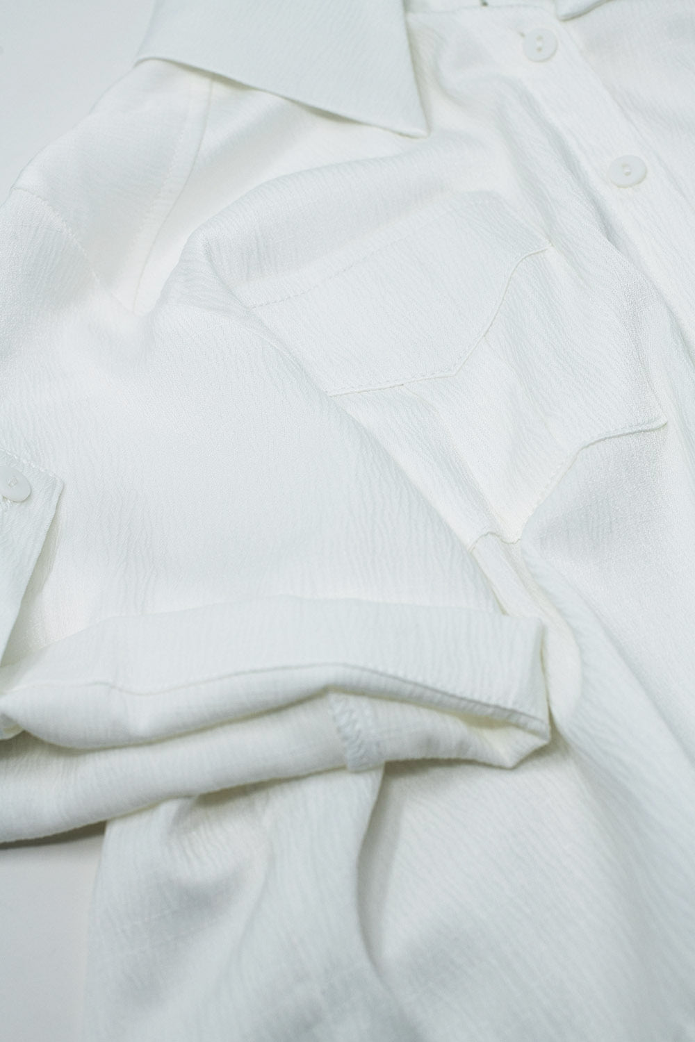 White Short satin Blouse With Chest Pockets And Drawstrings At Bottom - Blouses