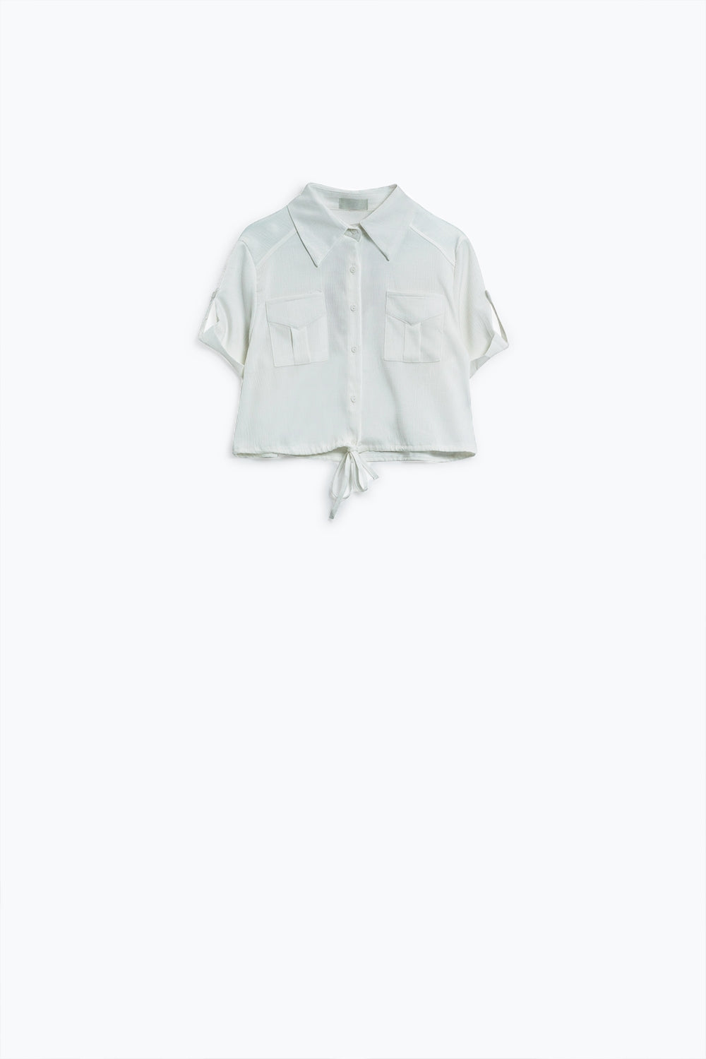 White Short satin Blouse With Chest Pockets And Drawstrings At Bottom - Blouses