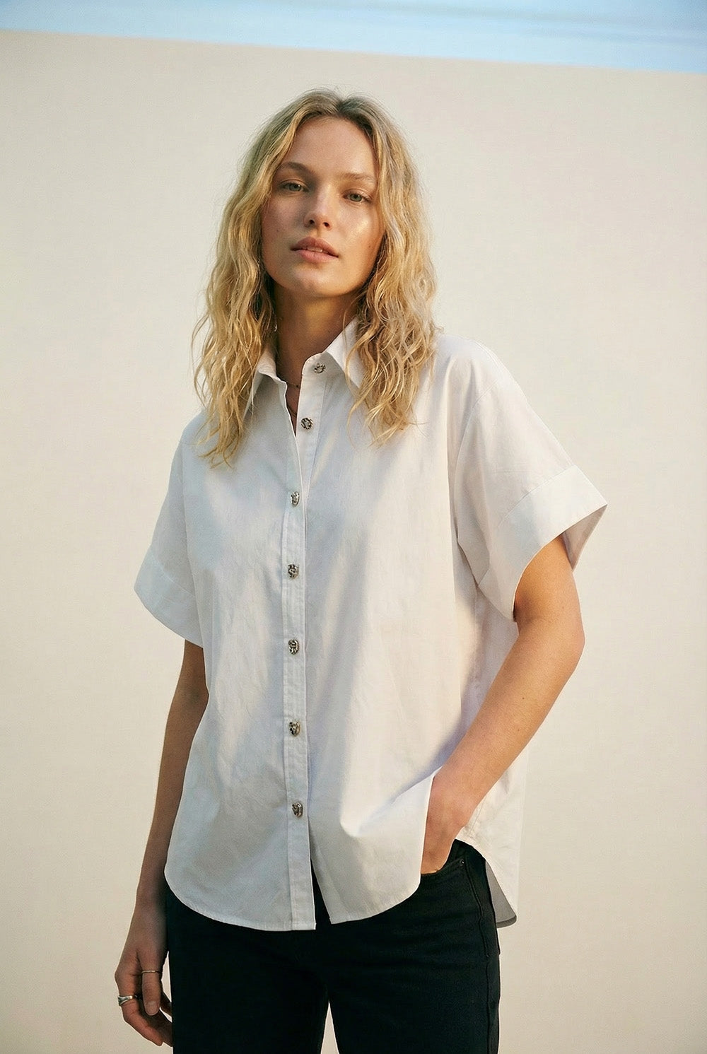 White Short-Sleeve Kimono Shirt with silver buttons - Shirts