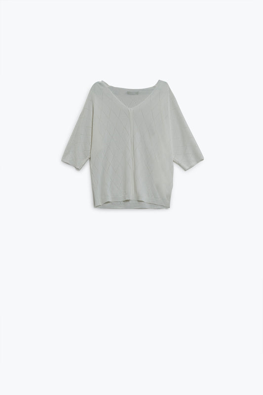 White Short Sleeve Sweater With Argyle Pattern - Jumpers