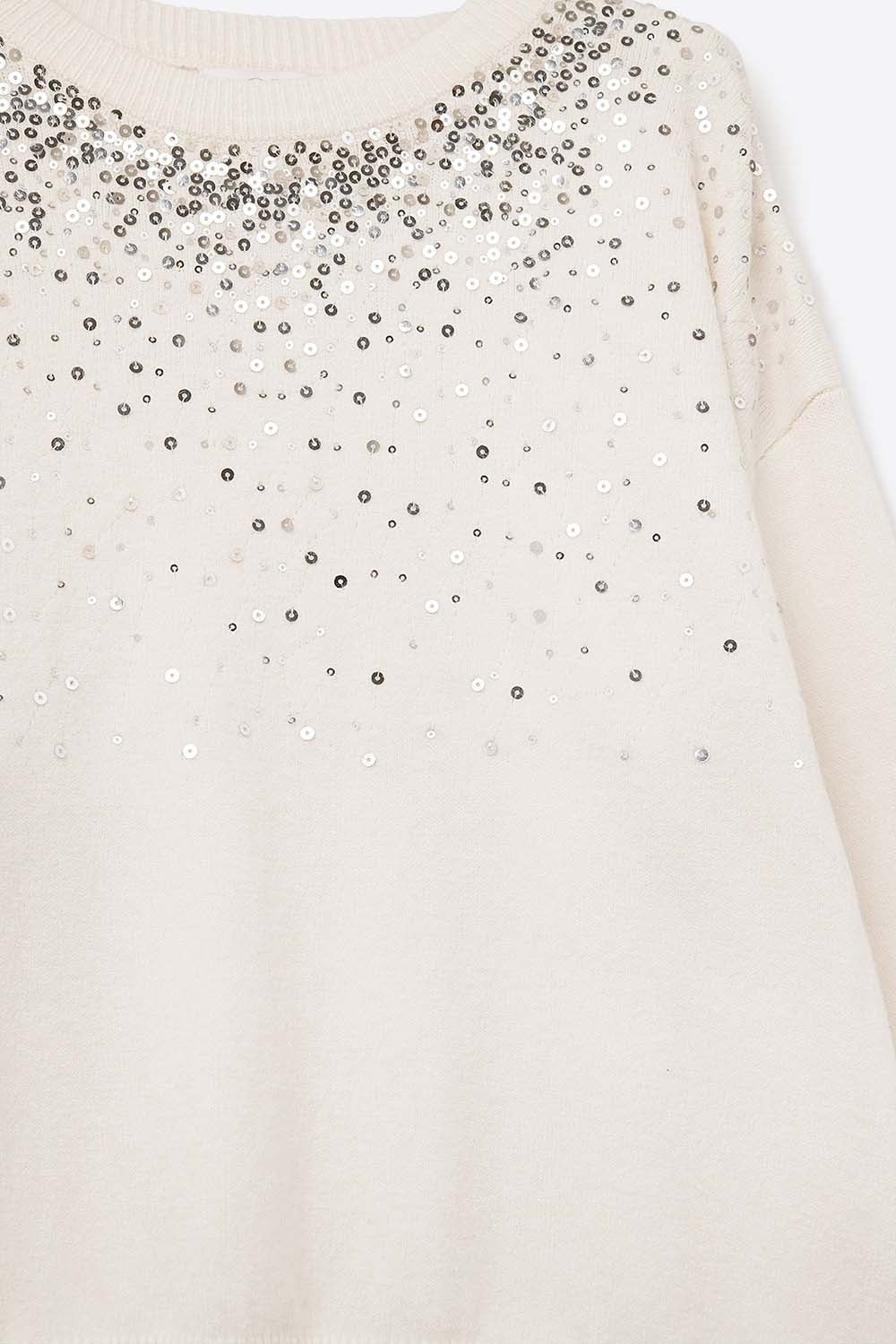 White soft knit sweater embellished with sequins on the front -