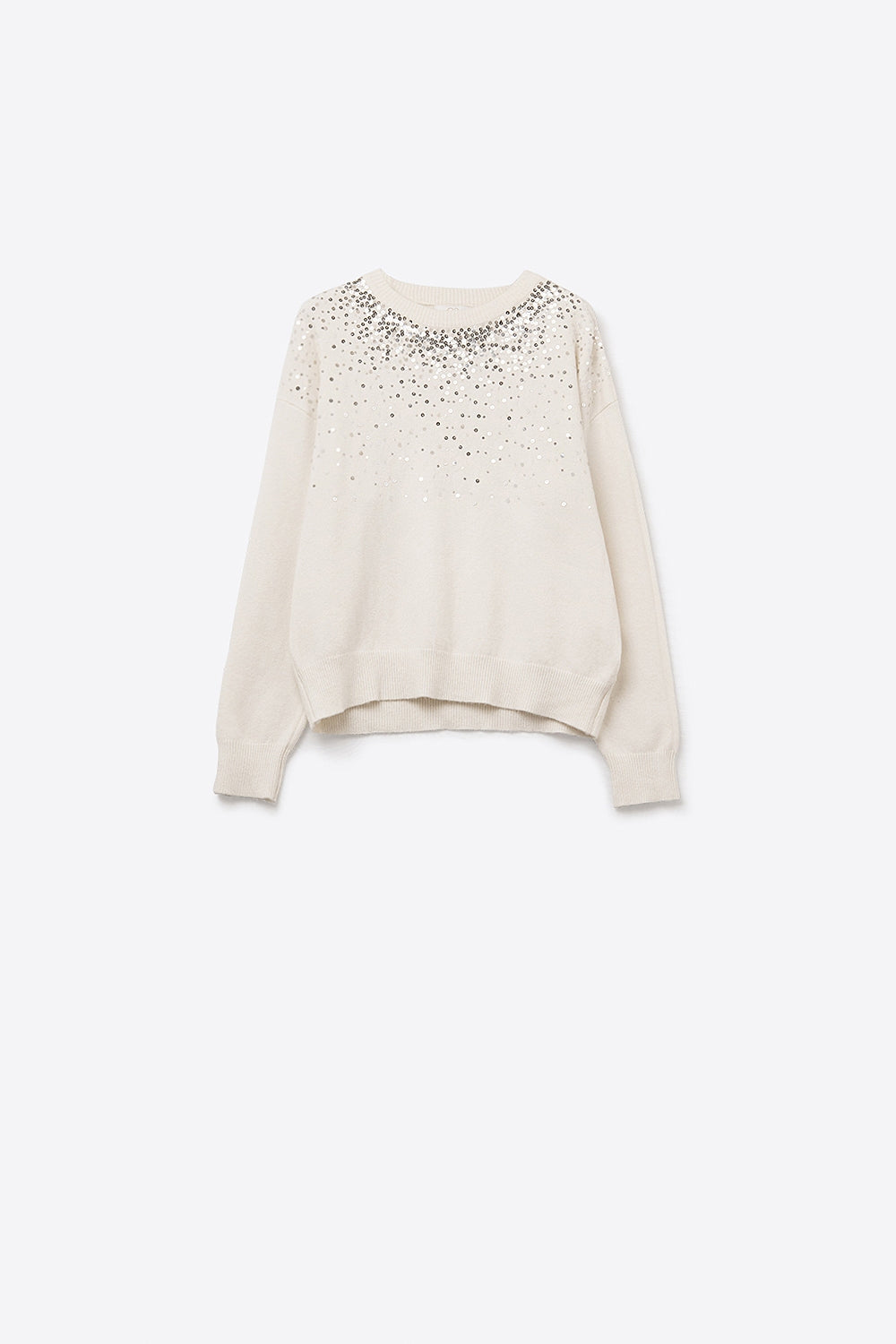 White soft knit sweater embellished with sequins on the front -