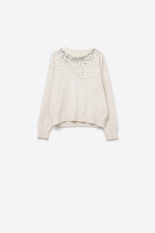 White soft knit sweater embellished with sequins on the front -