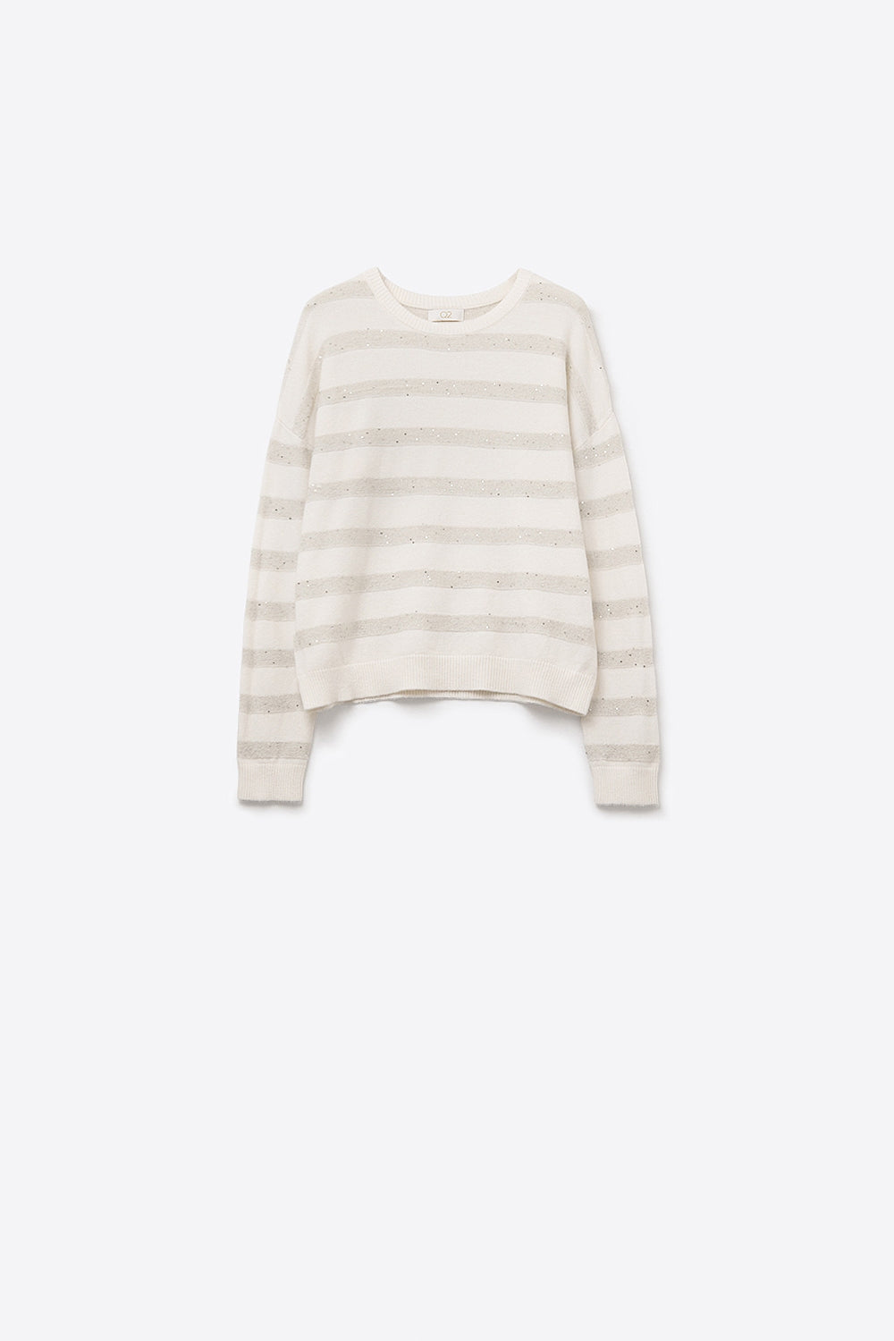 White Striped Knit Sweater with Sequin Detail - Sweaters