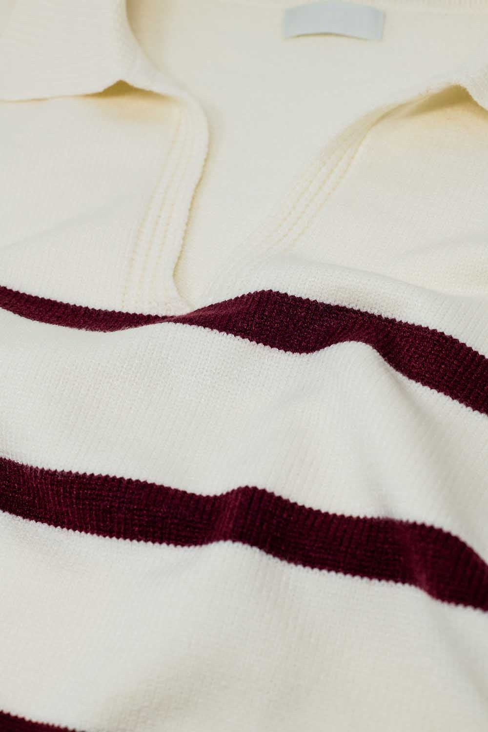 white sweater with dark red stripes and wide v neck - Sweaters